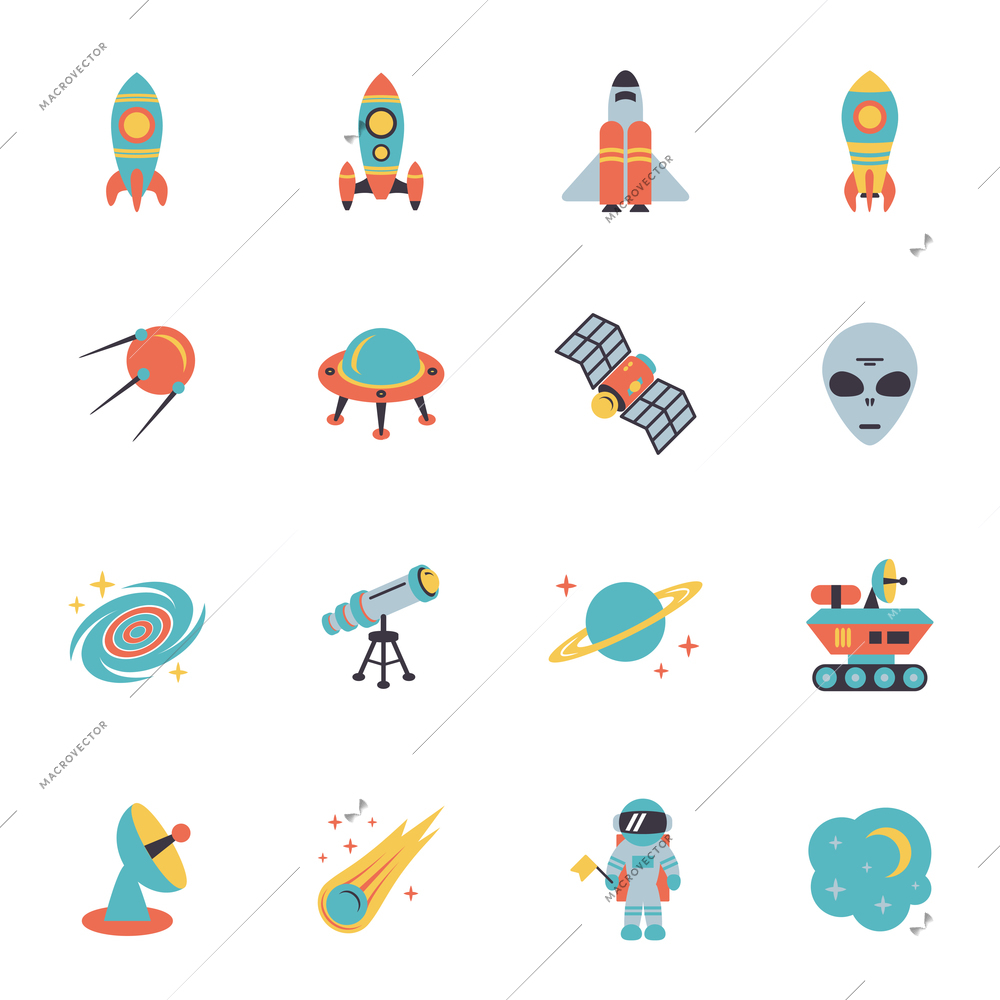 Space icons set of rocket ufo galaxy and planet vector illustration
