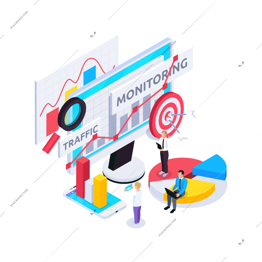 Web seo isometric composition with elements of diagrams bar charts linear graphs with target sign and people vector illustration