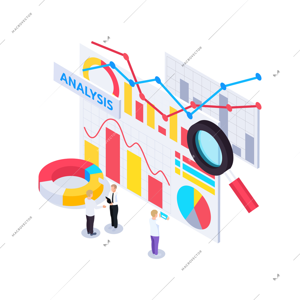 Web seo isometric composition with human characters near infographic elements circle graphs and bar charts vector illustration