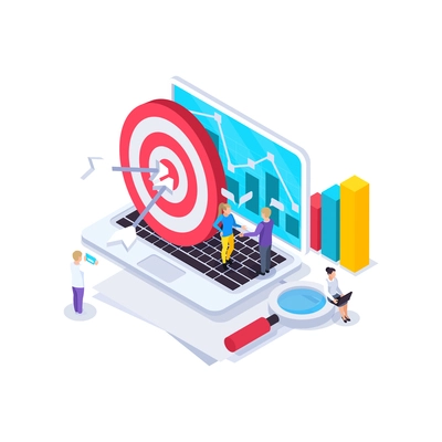 Web seo isometric composition with target icons bar charts and human characters on top of computer vector illustration