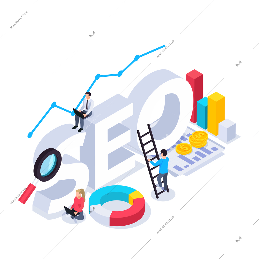 Web seo isometric composition with text and coins infographic icons with graph elements and human characters vector illustration