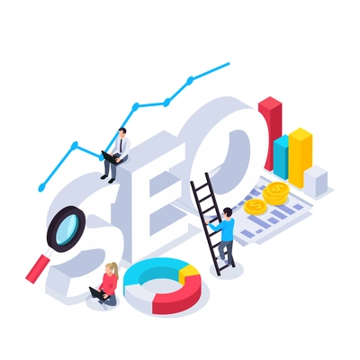 Web seo isometric composition with text and coins infographic icons with graph elements and human characters vector illustration