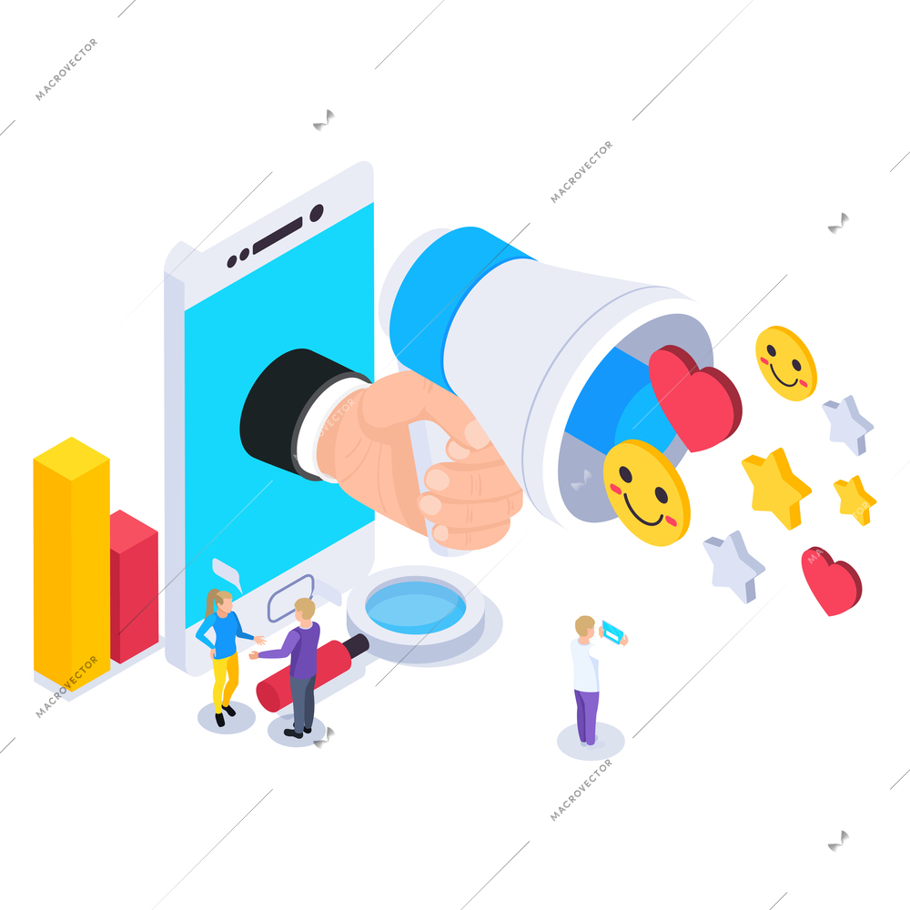 Web seo isometric composition with smartphone and hand lens images people and pictogram icons with emoticons vector illustration