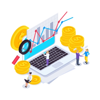 Web seo isometric composition with human characters among stacks of coins and computer with linear graphs vector illustration