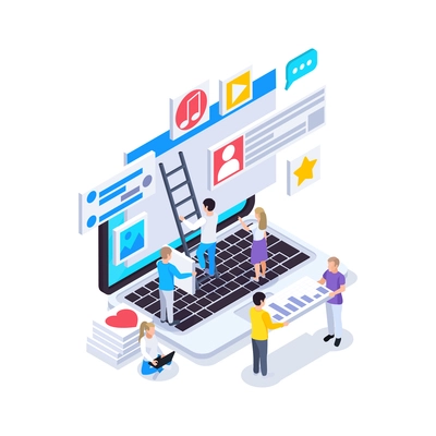 Web seo isometric composition with icons and social network pictograms on laptop screen with human characters vector illustration