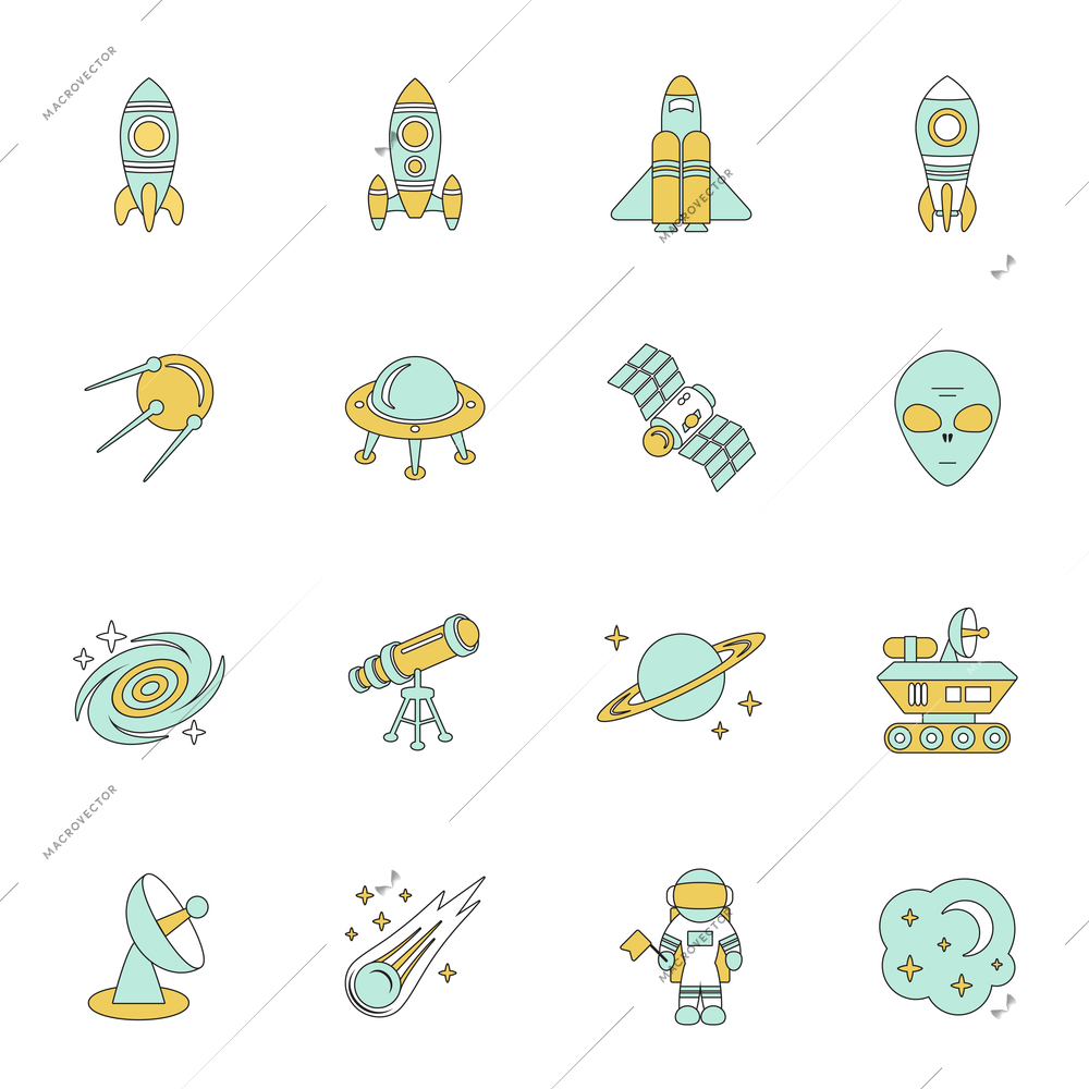 Space line icons set of moon star planet and spacestation vector illustration