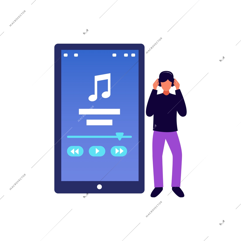 People phone laptop tablet device application interface interaction composition with mobile music player apps vector illustration