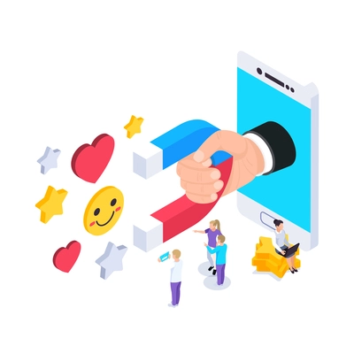 Web seo isometric composition with like and favourite icons approaching magnet in human hand vector illustration