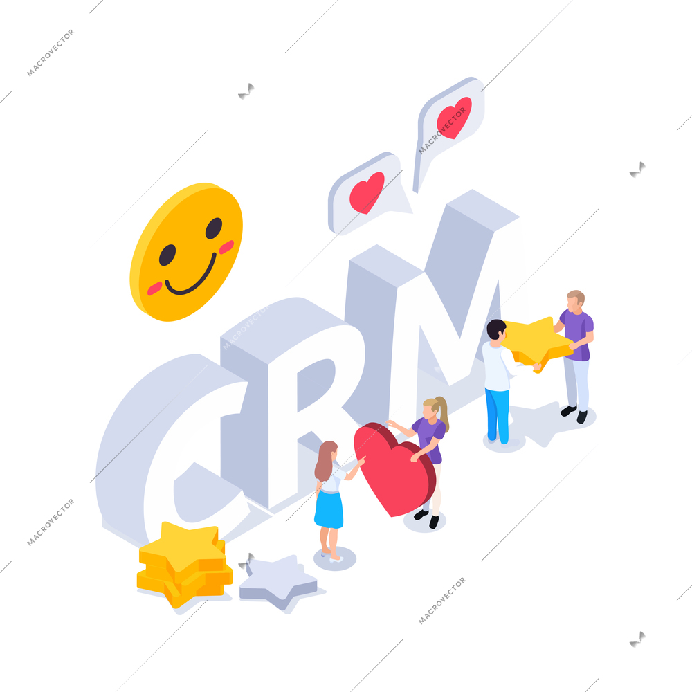 Web seo isometric composition with text surrounded by smiles with human characters holding likes and stars vector illustration