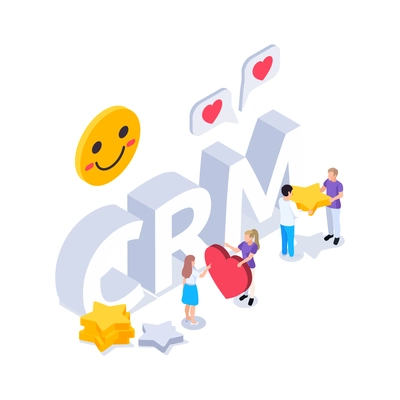 Web seo isometric composition with text surrounded by smiles with human characters holding likes and stars vector illustration