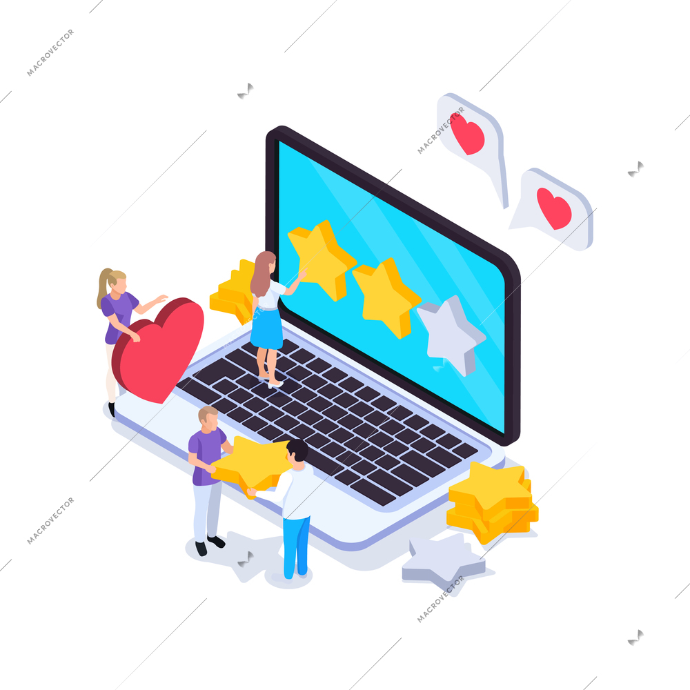 Web seo isometric composition with laptop and small human characters with star and heart pictograms vector illustration