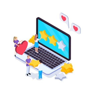 Web seo isometric composition with laptop and small human characters with star and heart pictograms vector illustration