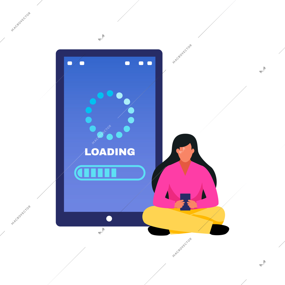 People phone laptop tablet device application interface interaction composition with sitting girl in front of touchscreen vector illustration