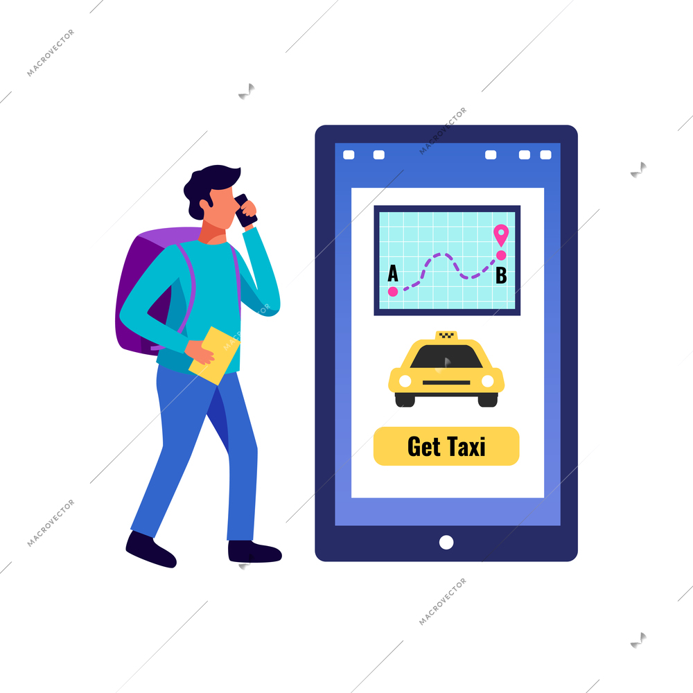 People phone laptop tablet device application interface interaction composition with calling man character and taxi app vector illustration