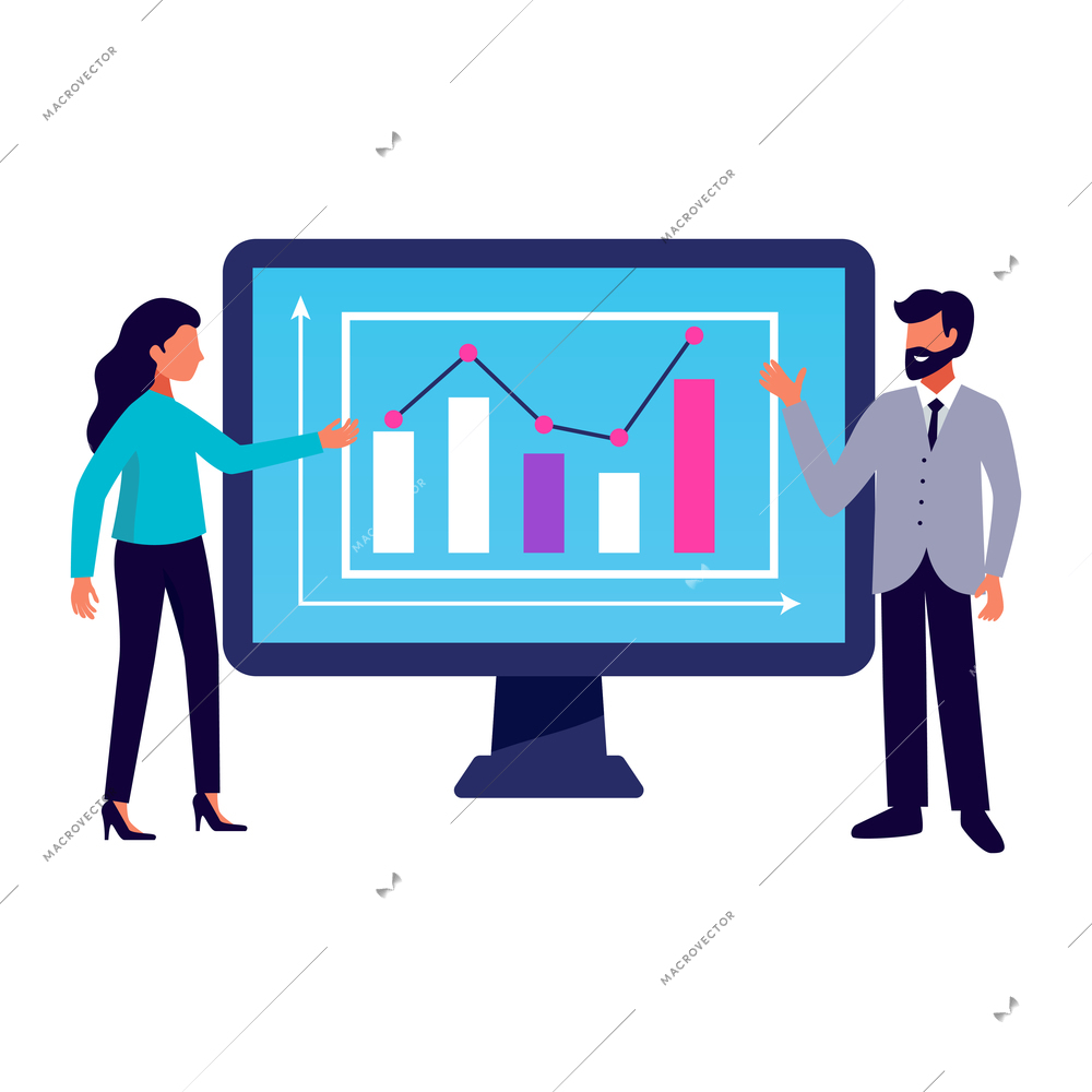 People phone laptop tablet device application interface interaction composition with human characters and business graphs on screen vector illustration