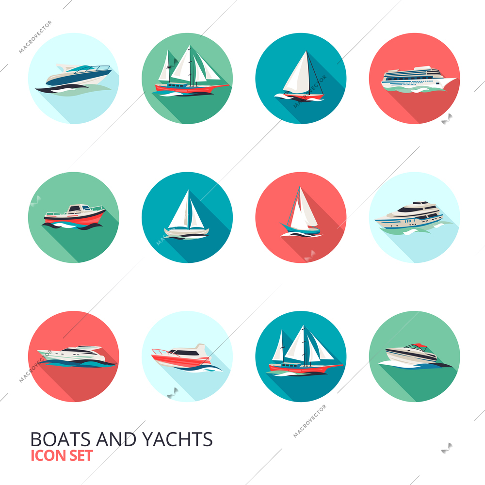 Ocean holiday business voyage tour cruise yacht liner ship  flat round solid isolated icons set isolated vector illustration