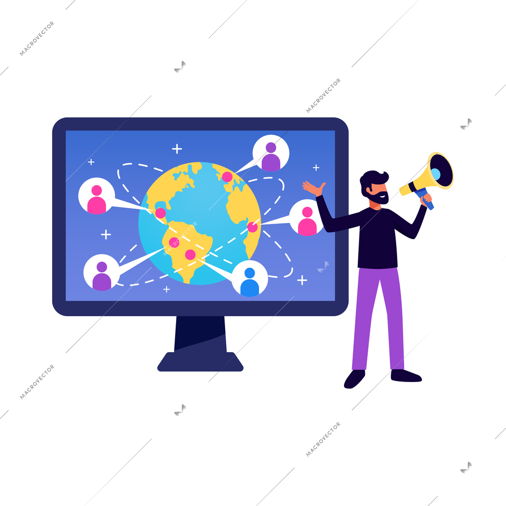 People phone laptop tablet device application interface interaction composition with earth globe on screen and megaphone man vector illustration