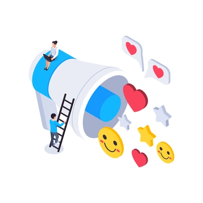 Web seo isometric composition with icons and pictograms of social network actions likes and megaphone vector illustration