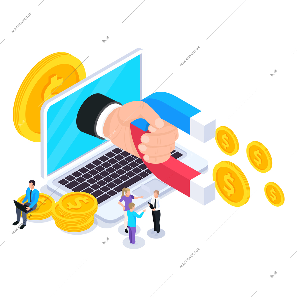 Web seo isometric composition with small people and laptop with hand magnet and golden coins vector illustration