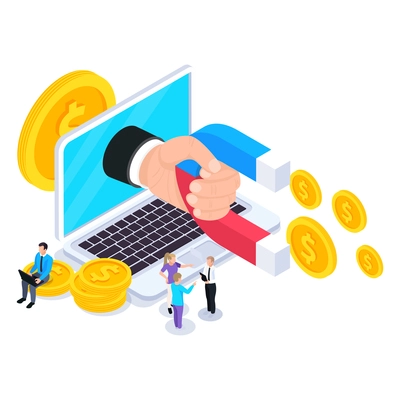 Web seo isometric composition with small people and laptop with hand magnet and golden coins vector illustration