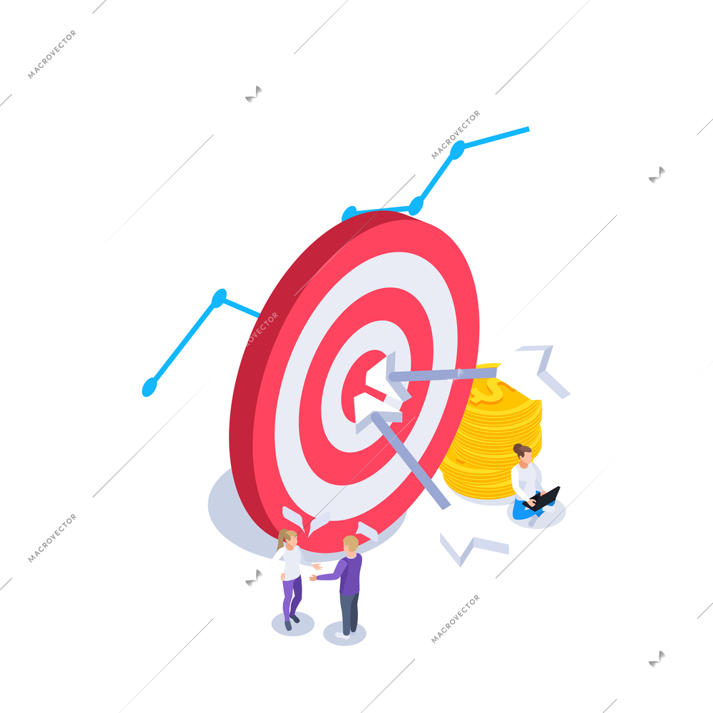 Web seo isometric composition with target sign and arrows with stack of coins and talking people vector illustration