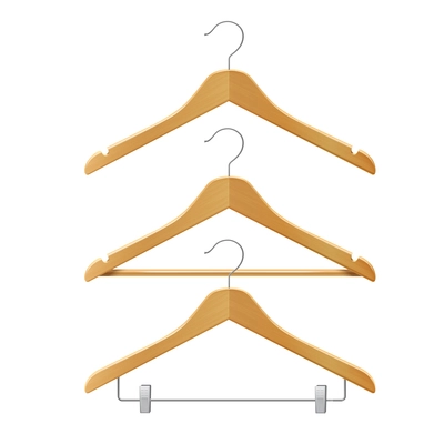 Clothes wooden hangers set for jackets pants isolated 3d vector illustration