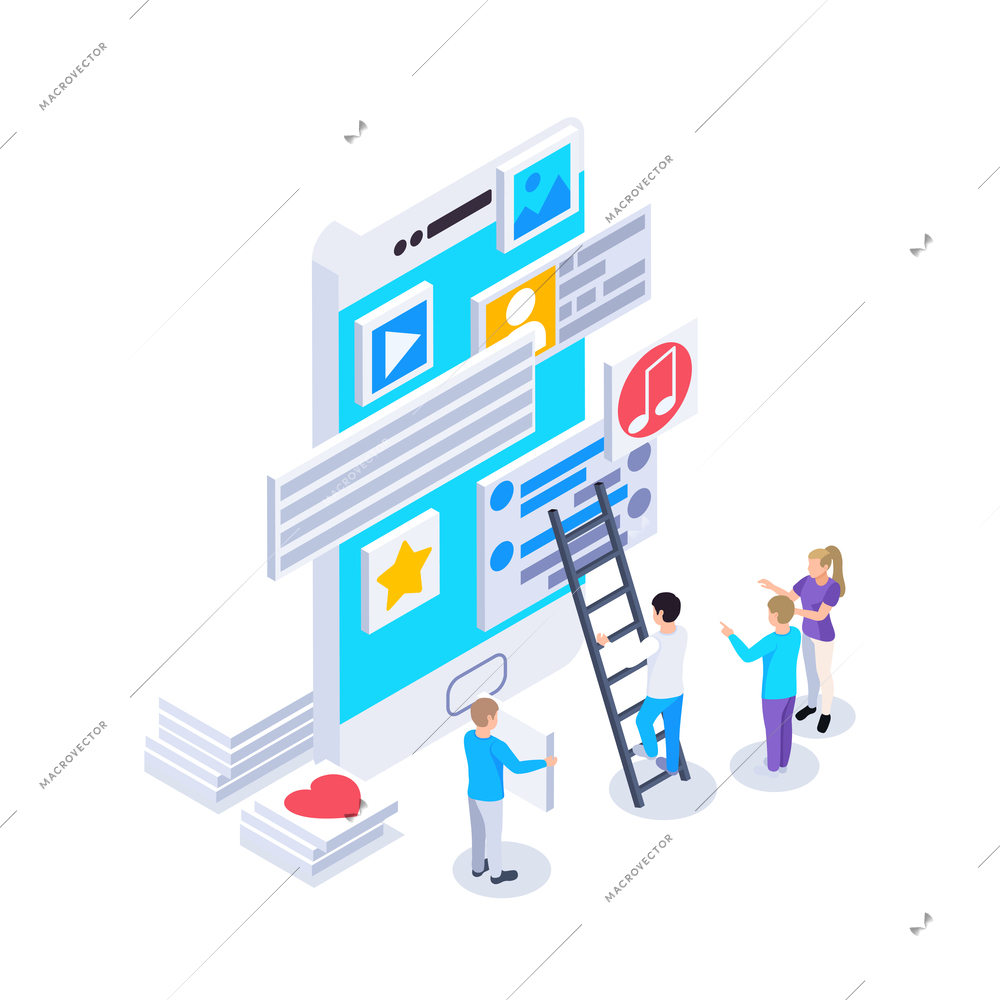 Web seo isometric composition with human characters with ladder and big smartphone with separated content blocks vector illustration