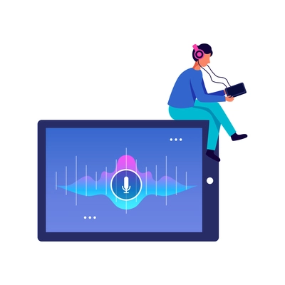 People phone laptop tablet device application interface interaction composition with man in headphones and music app vector illustration