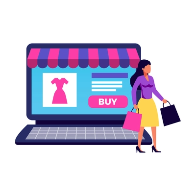 People phone laptop tablet device application interface interaction composition with computer storefront and shopping woman character vector illustration