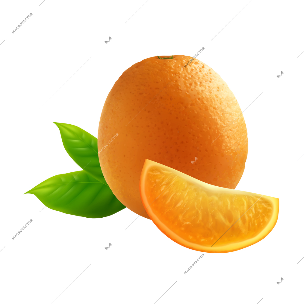 Exotic fruits big set realistic composition with images of orange fruit with slice and leaves vector illustration