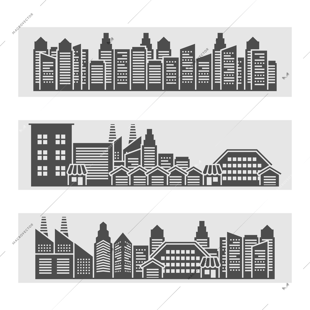 Decorative horizontal banners of modern city residential area cityscape and downtown edifice skyline  black abstract vector illustration