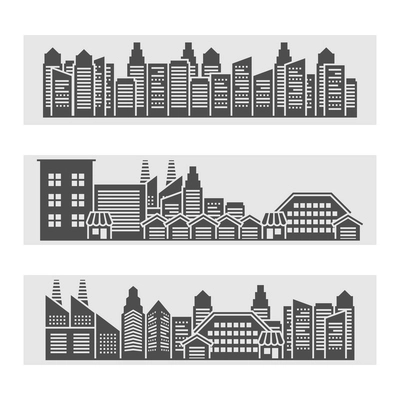 Decorative horizontal banners of modern city residential area cityscape and downtown edifice skyline  black abstract vector illustration