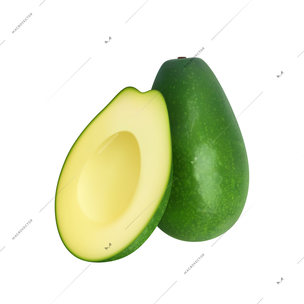 Exotic fruits big set realistic composition with images of whole avocado fruit with slice vector illustration