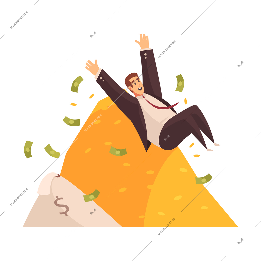 Rich man composition with human character of businessman sliding down the money slide with gold vector illustration