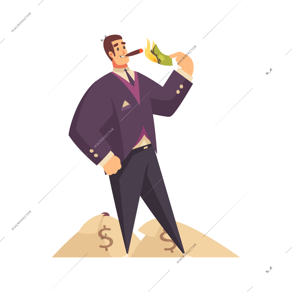 Rich man composition with doodle male character lighting his cigarette with burning banknote vector illustration