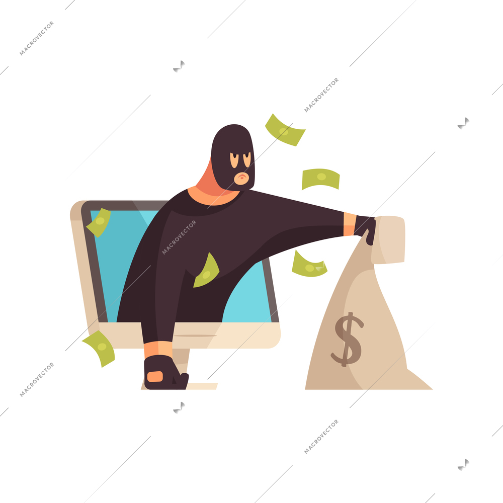 Hacker composition with character of robber with banknotes and money sack leaning out of computer screen vector illustration