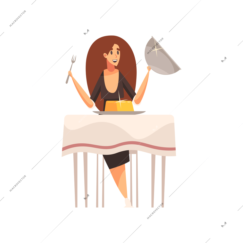 Rich man composition with doodle human character of woman at dining table with gold bar vector illustration