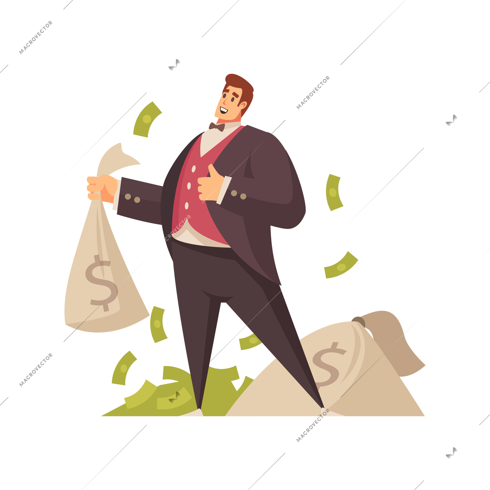 Rich man composition with doodle style male character in suit with flying banknotes and money sacks vector illustration