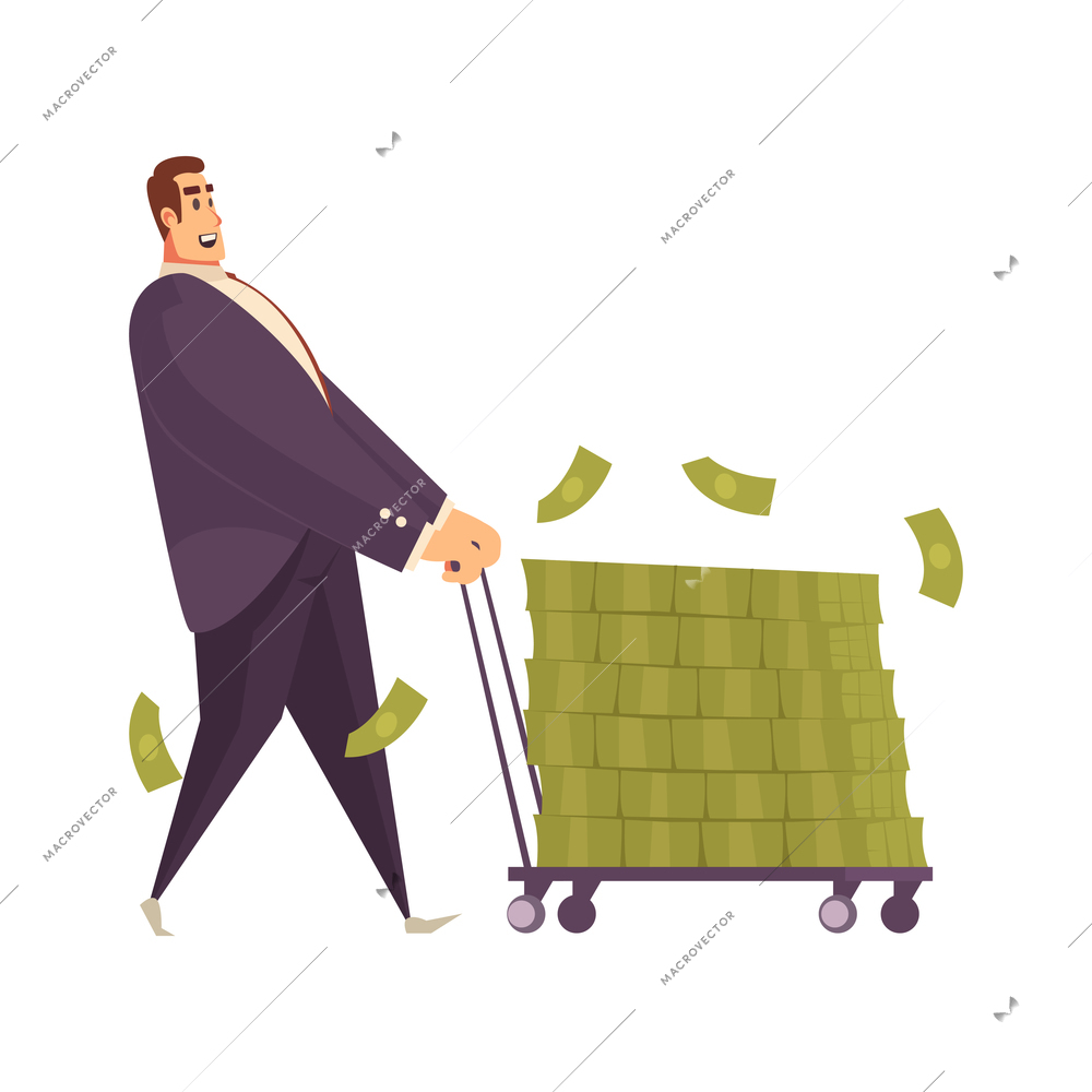 Rich man composition with isolated image of wheel cart with stack of banknotes carried by male character vector illustration