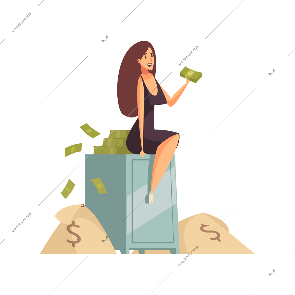 Rich man composition with female character sitting on top of safe box with cash vector illustration
