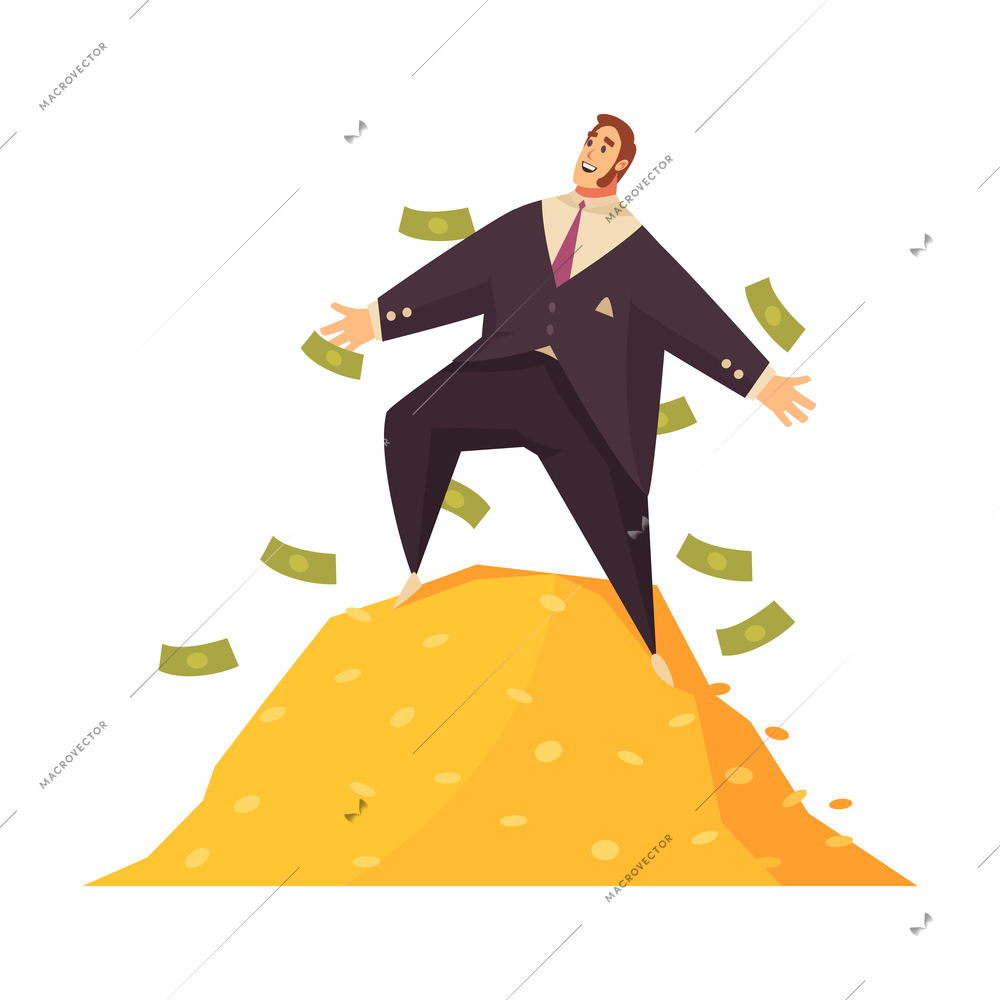 Rich man composition with view of flying banknotes and golden hill with male character vector illustration