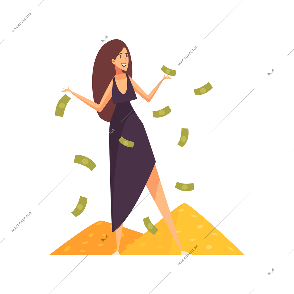 Rich man composition with character of woman among piles of gold and flying dollar banknotes vector illustration