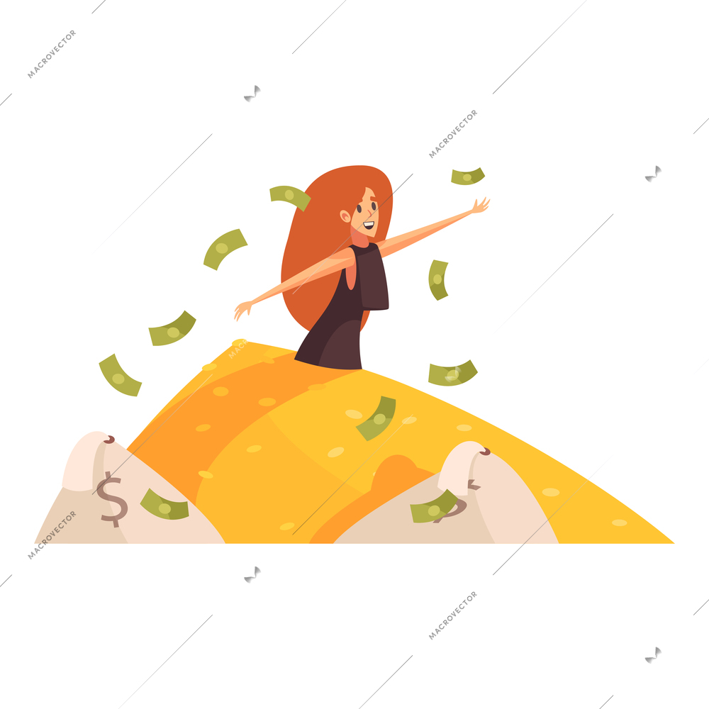 Rich man composition with female character diving into golden hill with banknotes and sacks vector illustration