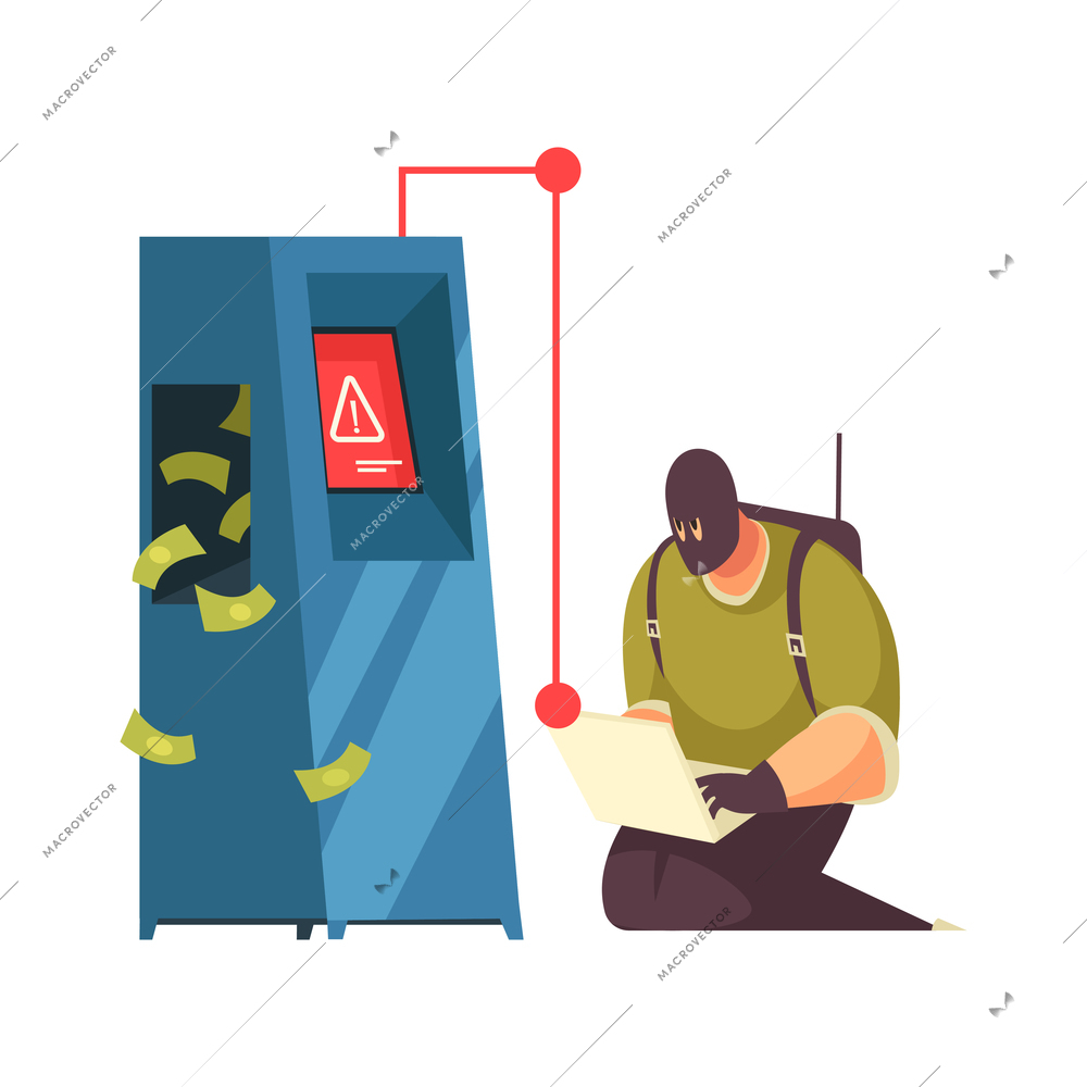 Hacker composition with atm machine being hacked by cyber robber with laptop and flying banknotes vector illustration