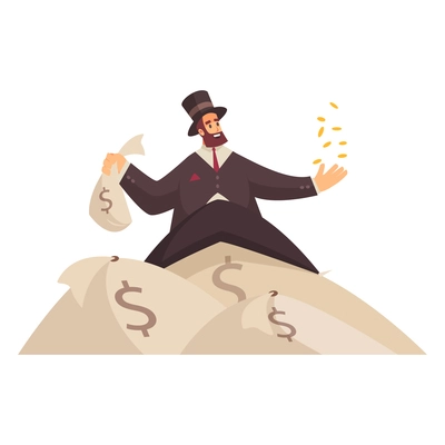 Rich man composition with sacks of money with dollar signs and male character in gentleman suit vector illustration