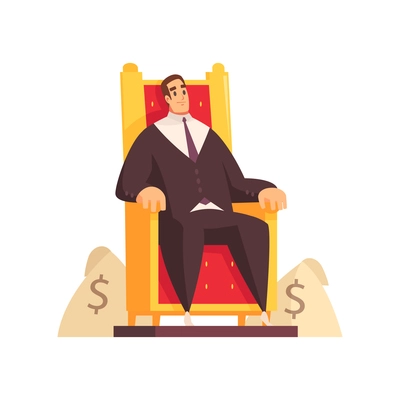 Rich man composition with doodle male character sitting on throne with sacks of money with dollar signs vector illustration