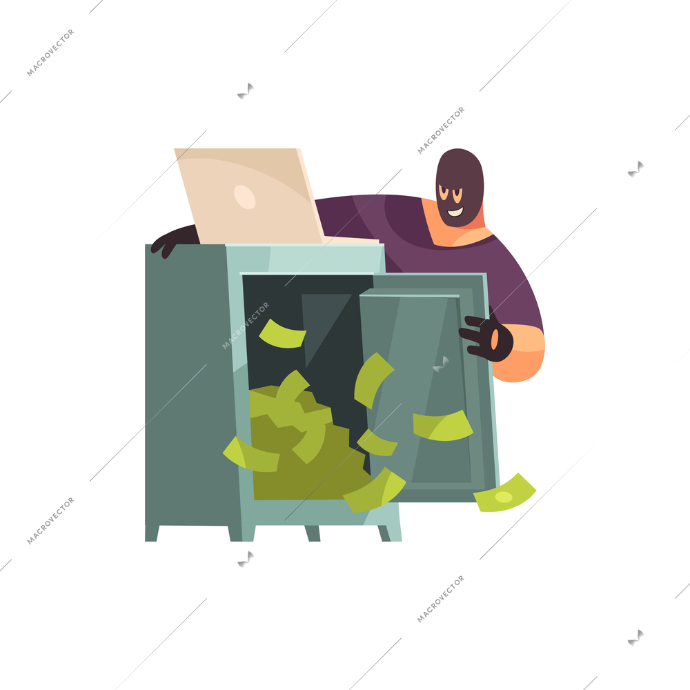 Hacker composition with open safe full of money with laptop and happy thief character in mask vector illustration