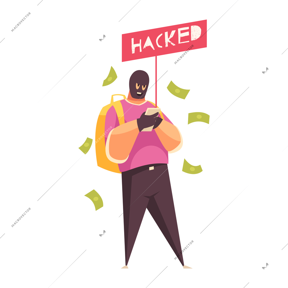 Hacker composition with human character of cyber thief surrounded by flying dollar banknotes with text vector illustration