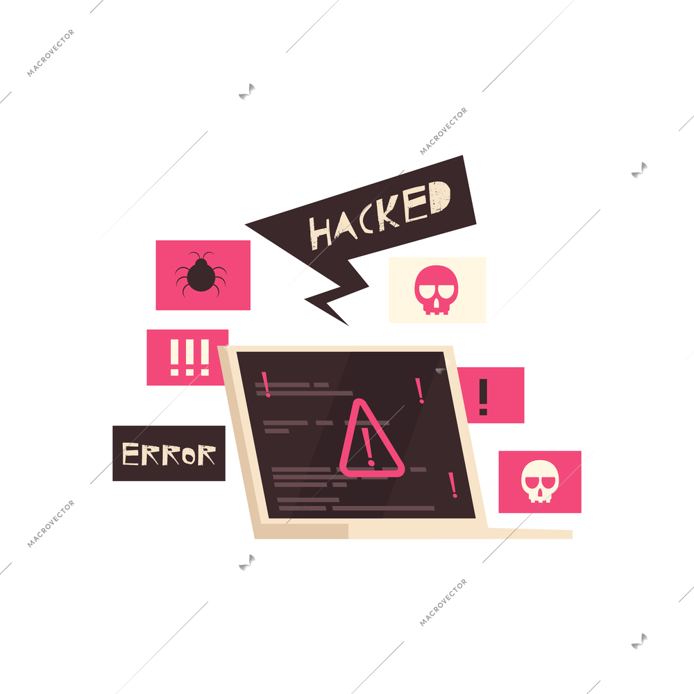 Hacker composition with image of infected laptop computer with warning signs and bug pictograms vector illustration