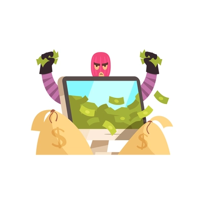 Hacker composition with images of sacks with dollar signs desktop computer and robber holding banknotes vector illustration